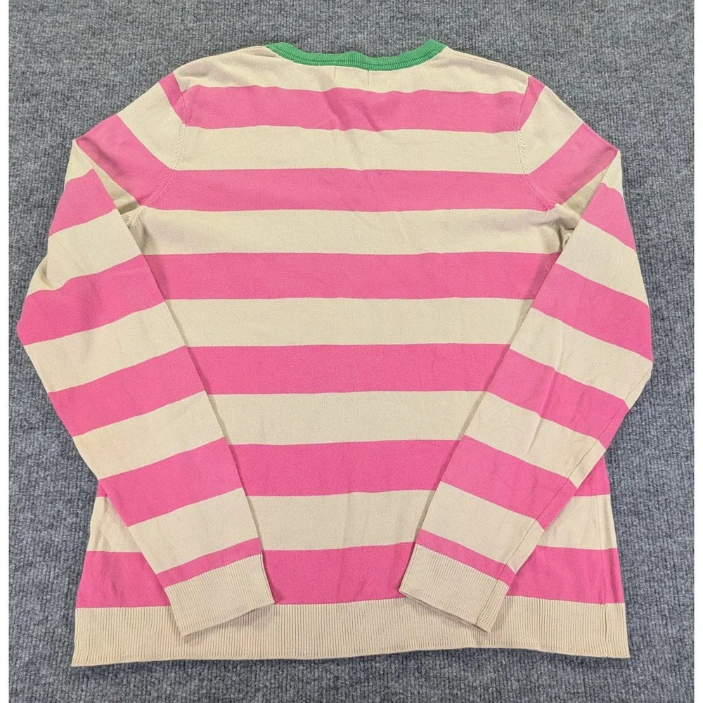 Lilly Pulitzer Vintage Pink Tan Striped V-Neck Sweater Logo Green Trim Large